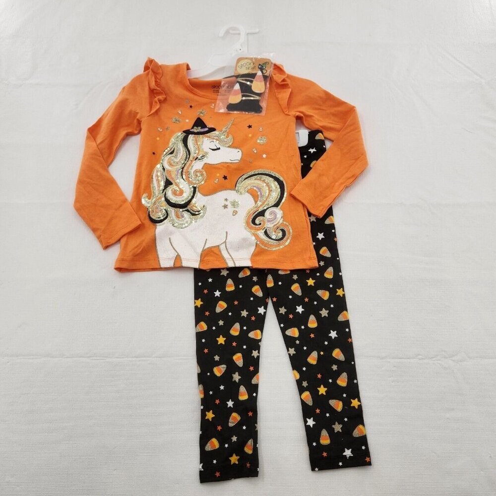 Spooky Night Sequin Unicorn & Candy Corn Shirt & Pants Outfit Set Girls Size 4